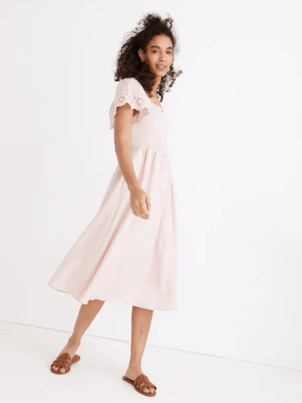 Madewell Linen-Blend eyelet-sleeve Lucie Smocked Dress size Medium